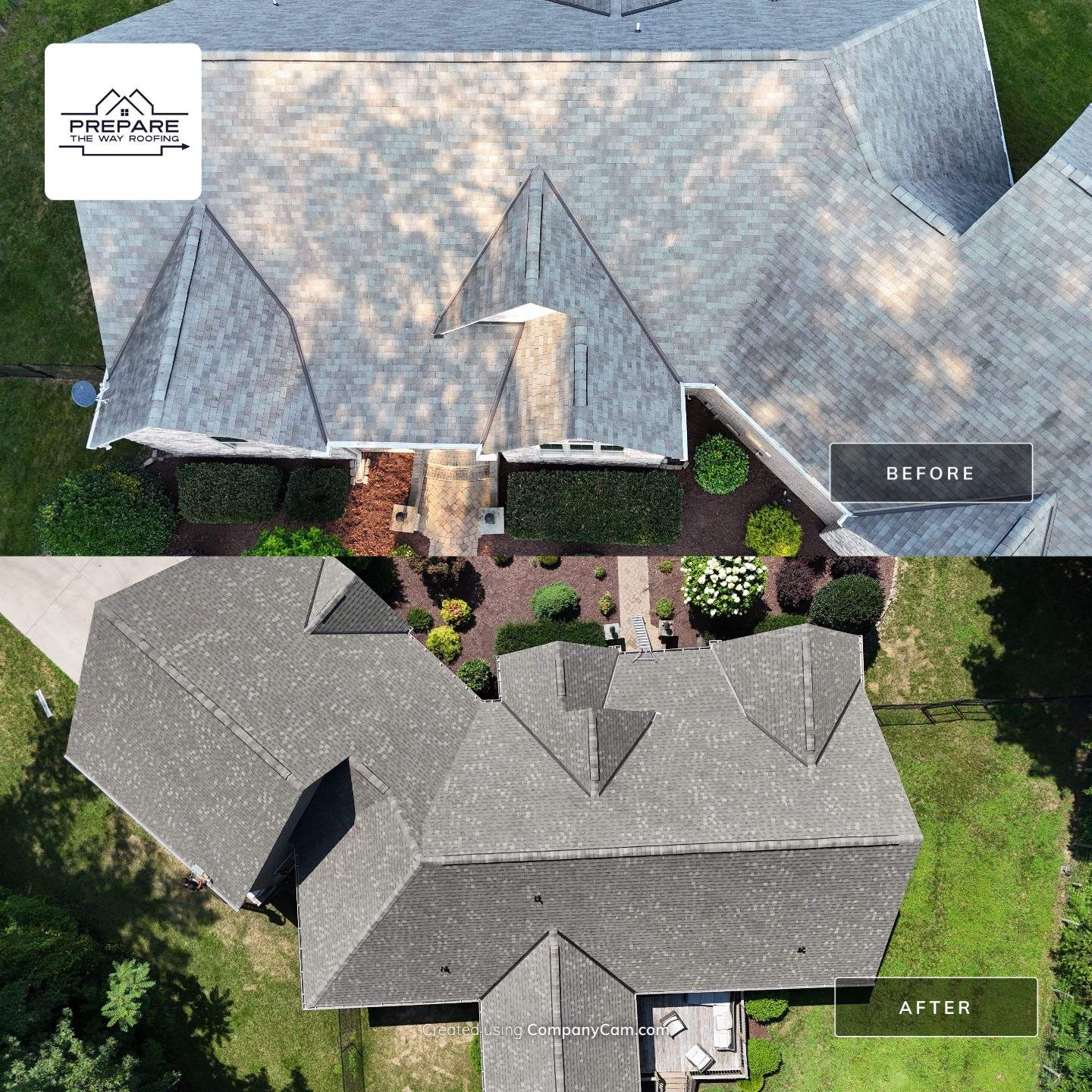 before and after of the new asphalt shingle roof replacement on this High Point, North Carolina home